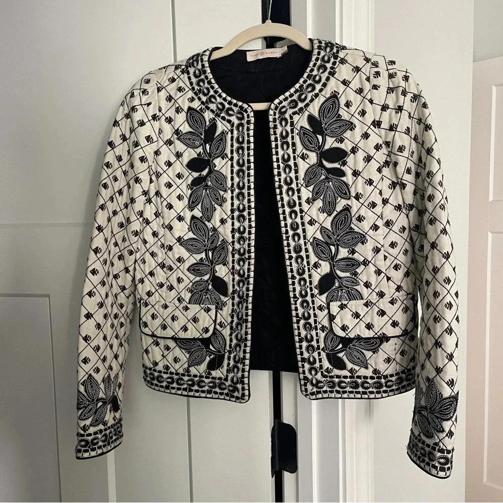 Tory Burch Jacket Quilted Tilda Embroidered Fish‎ Floral Jacket Patchwork Ivory